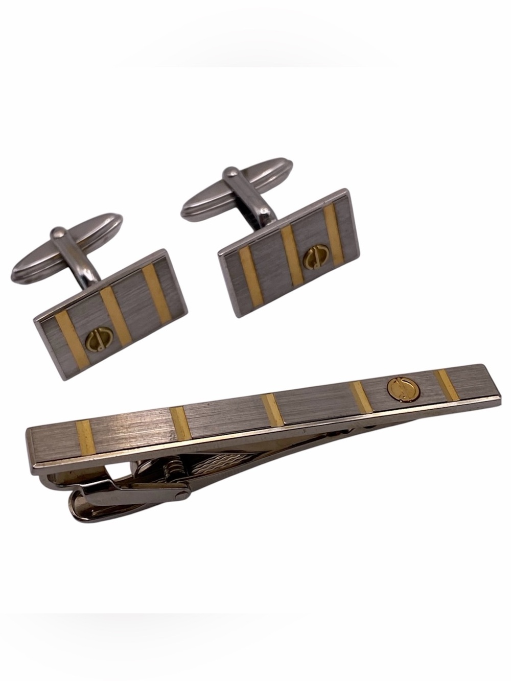 Dunhill silver and gold-tone rectangular cufflinks and tie clip set